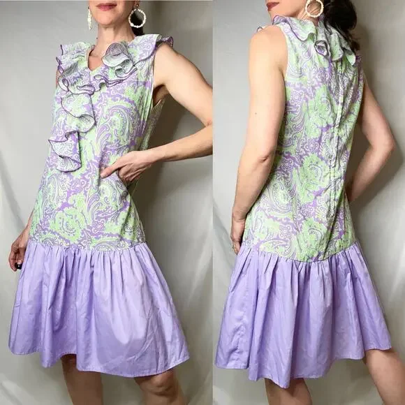 Vintage 60s ruffle front paisley print drop‎ waist midi dress lilac purple green - Picture 9 of 15